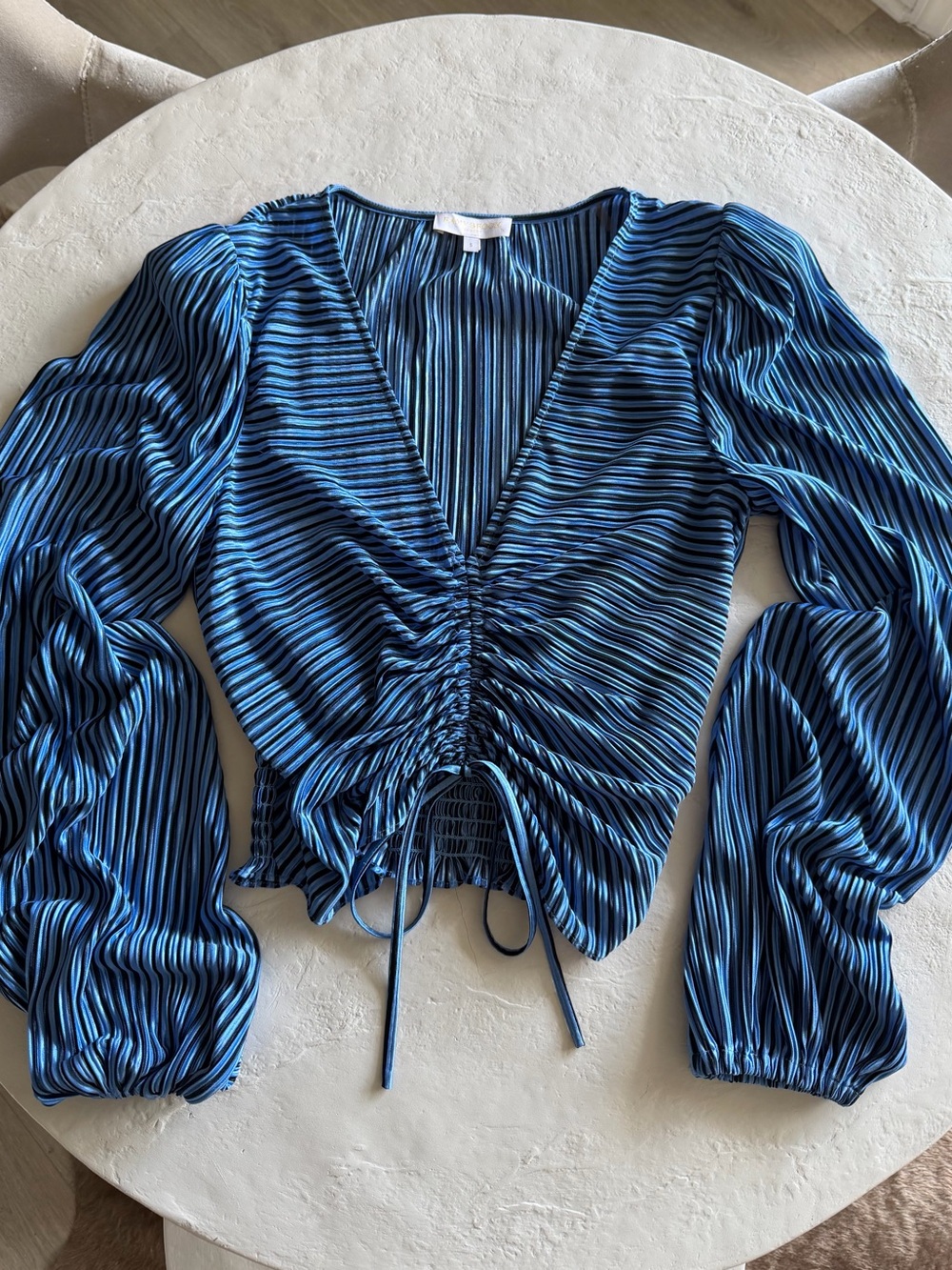 Ramy Brook Blue Striped Ruched V-Neck Blouse